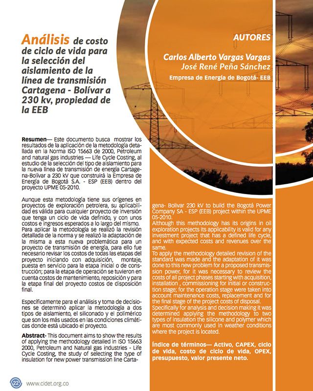 Análisis de costo de ciclo de vida para la selección del aislamiento de la línea de transmisión Cartagena – Bolívar a 230 kv, propiedad de la EEB