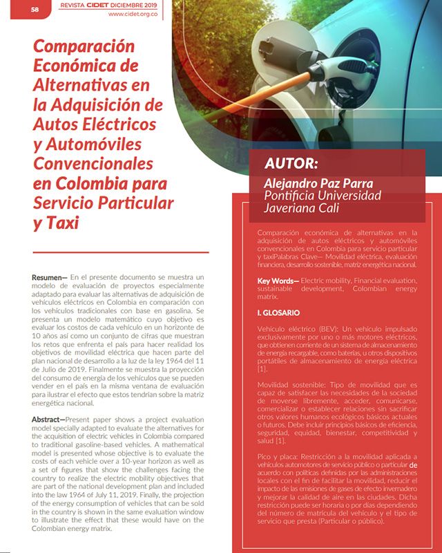 COMPARACIÓN ECONÓMICA DE ALTERNATIVAS EN LA ADQUISICIÓN DE AUTOS ELÉCTRICOS Y AUTOMÓVILES CONVENCIONALES EN COLOMBIA PARA SERVICIO PARTICULAR Y TAXI